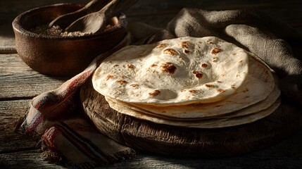 Vivid depiction of freshly cooked soft flour tortillas in a rustic culinary setting with natural warm ambience