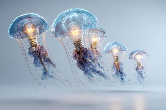 Surreal jellyfish made of light bulbs floating underwater