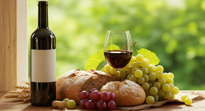 Enjoy a delightful afternoon with a glass of red wine, crusty bread, and fresh grapes, perfect for a relaxing picnic or romantic setting.