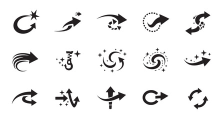 Set of black and white arrow icons showing different directions and movements