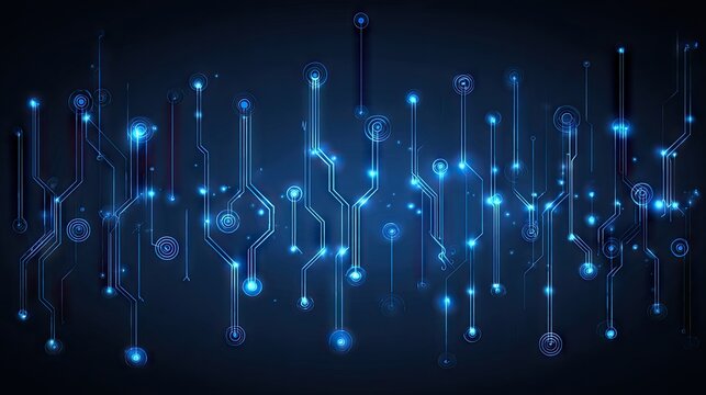 Abstract circuit board design with glowing blue lines.