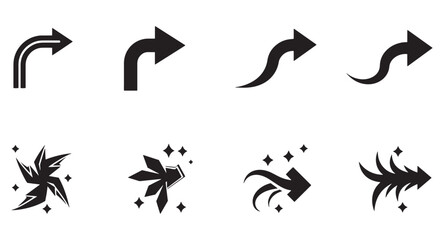 Obraz premium Set of eight diverse black arrows in various styles and directions with sparkle accents