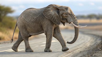 African elephant walking across a dirt road with trees and sky in the blurred background during daytime vreated with genrated ai
