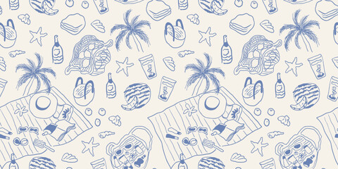 seamless pattern with stuff on beach in sketch hand drawn style. Element for design print poster background wallpaper wrapping packaging banner backdrop textile