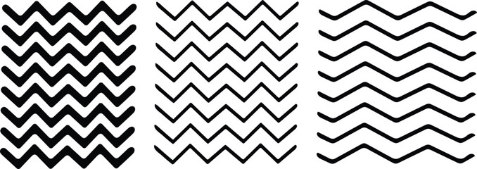 Wavy curve zig zag line pattern. Wave ornament pattern. Black zig zag pattern Set of thin line waves. Curved wave lines pattern on white background. 