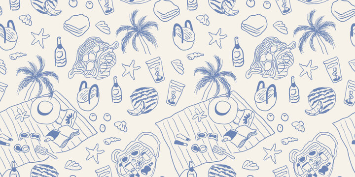 seamless pattern with stuff on beach in sketch hand drawn style. Element for design print poster background wallpaper wrapping packaging banner backdrop textile