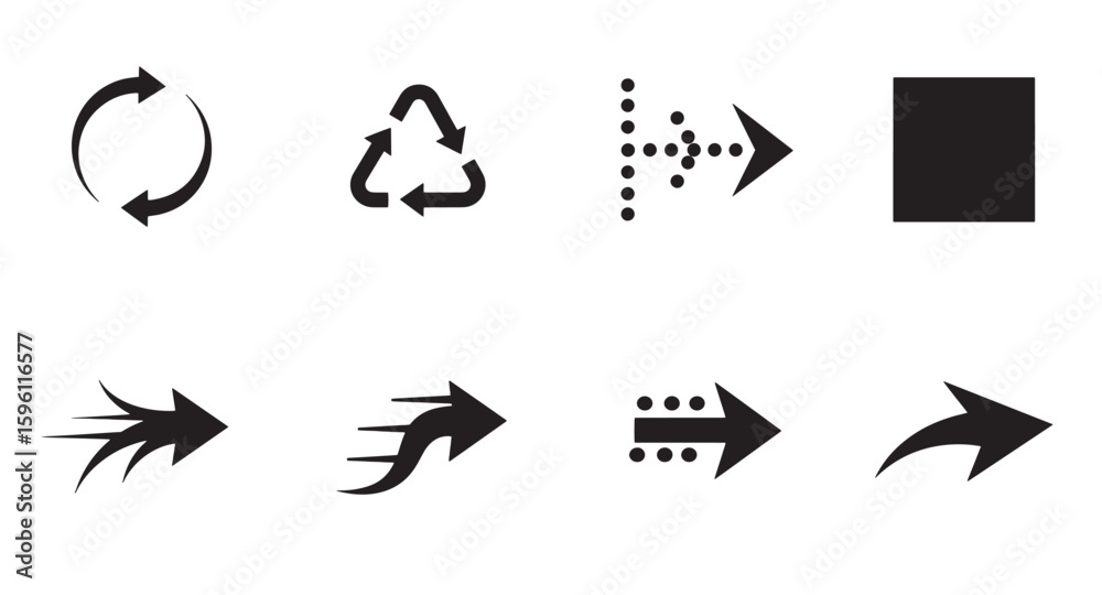 Poster vector icon set featuring various arrows symbols for navigation direction and recycling concepts
