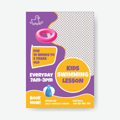 Swimming Lesson Services and kids party print flyer or poster design, kids Swimming Lesson and summer camp leaflet, brochure cover vector template design