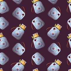Seamless pattern with instant camera and yellow flower. Vector illustration for scrapbooking, background, wrapping paper.
