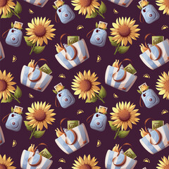 Summer seamless pattern with sunflower, instant camera, beach bag. Vector illustration for scrapbooking, background, wrapping paper.