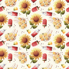 Summer seamless pattern with  sunflower, lemons, watermelon smoothie, popsicle. Vector illustration for scrapbooking, background, wrapping paper.