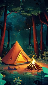 vibrant cartoon illustration of night camping with an orange tent and campfire