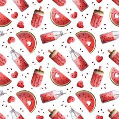 Summer seamless pattern with watermelon slice, smoothie, popsicle.  Vector illustration for scrapbooking, background, wrapping paper.	