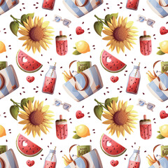 Summer seamless pattern with sunflower, beach bag, lemon, watermelon, smoothie, popsicle. Vector illustration for scrapbooking, background, wrapping paper.