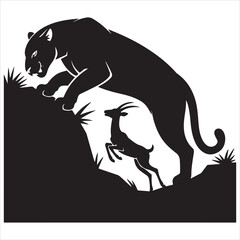 Black Panther Silhouette Hunting An Antelope Animal Wildlife Illustration.