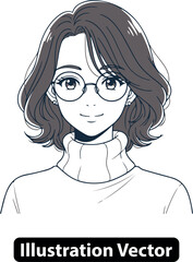 Stylish Portrait Young Woman with Bob Hairstyle and Glasses in Vector Art | Vector illustration of a stylish young woman in a turtleneck sweater.