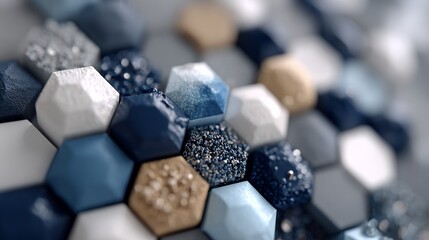 Abstract textured hexagons in cool blues, gold, and white, with varied surfaces and depths