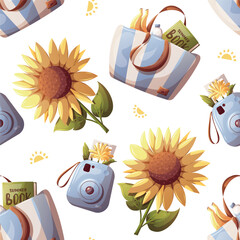 Summer seamless pattern with sunflower, instant camera, beach bag. Vector illustration for scrapbooking, background, wrapping paper.	