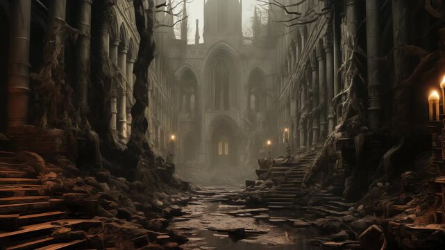 Ruins of a Gothic Cathedral in a Haunted Forest
