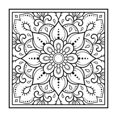 Decorative pattern of flowers and paisley for printing on fabric. Ornament for a bandana, a silk neckerchief, a tablecloth or a kerchief. Square sketch in tribal or oriental style.