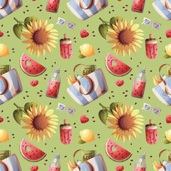 Summer seamless pattern with sunflower, beach bag, lemon, watermelon, smoothie, popsicle. Vector illustration for scrapbooking, background, wrapping paper.