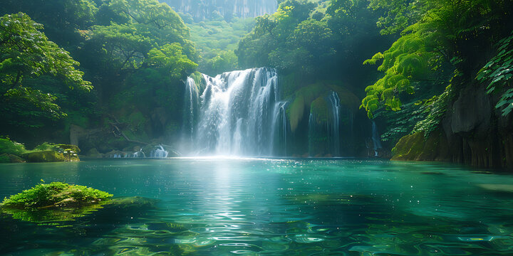 A waterfall is a breathtaking natural wonder, cascading with powerful elegance over rugged cliffs. Its rushing waters glisten under the sunlight, creating a mesmerizing, shimmering veil. The roaring s