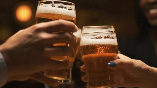 Three beer glasses clink in a toast held by hands