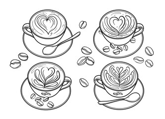 Set of black and white doodle illustrations of coffee cups with various latte art, beans saucers and spoons. Perfect for coffee-themed designs.