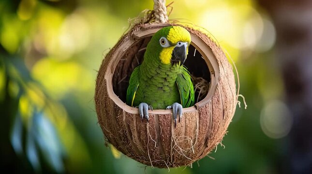 A vivid green parrot with a yellow head looks out from a coconut shell, set against a lush tropical background that brings to mind playful wildlife charm. Generative AI