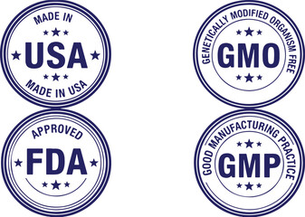 Obraz premium Four Blue Circular Seals With Text And Stars stamp, seal, stamp, blue, white, text, stars, made in usa, gmo free, fda approved, gmp, certification, quality, regulation, standards, manufacturing, food,