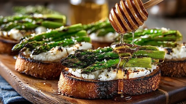 Drizzling honey over toasted asparagus and goat cheese crostini creates a delightful sweet and savory appetizer, perfect for sharing at gatherings or enjoying as a gourmet snack