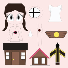 Cartoon girl with peace sign and biohazard symbols on pink background vector illustration