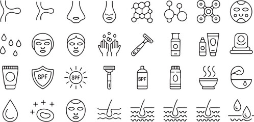 A set of minimalist black line art icons for skincare, dermatology, and beauty routine concepts and products.