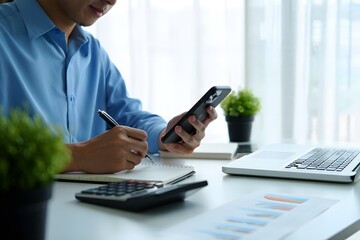 businessman working on papers, taking notes, and analyzing financial data on his laptop.