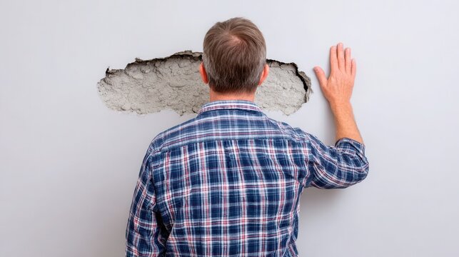 Man inspecting hole in white wall
