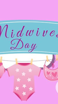 Animation of midwives day and ribbon with baby clothes and birds over pink background with clouds