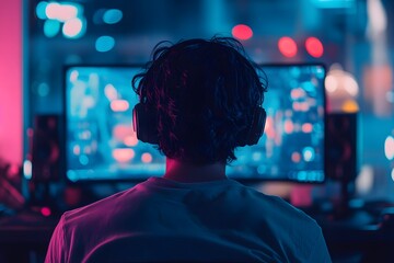 Teen gamer wearing headphones focused on computer screen while playing at night in a neon-lit room