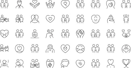 Obraz premium A set of elegant black and white line icons representing concepts of community, friendship, love, and support.