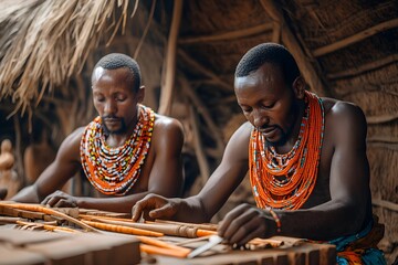 Two African men in traditional bead necklaces crafting handmade wooden tools inside a tribal hut