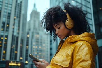 Young woman with afro hairstyle listening to music on wireless headphones while walking in the city