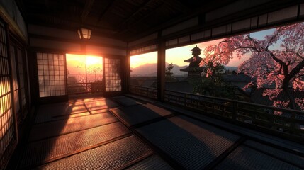 Serene Sunrise Over Japanese Temple and Sakura Blossoms from Traditional Room
