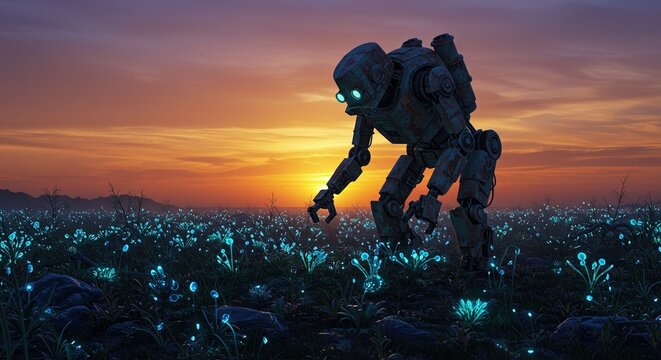 Rusty robot explores alien landscape with glowing blue flora at sunset