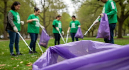 Team of volunteers cleaning up a park, making a difference together in their community environmental cleanup.