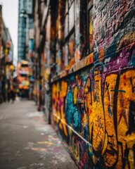 Fototapeta premium Colorful street art wall featuring graffiti textures, showcasing vibrant urban background 