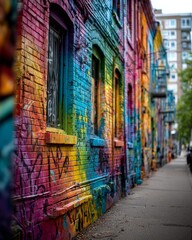 Fototapeta premium Colorful street art wall featuring graffiti textures, showcasing vibrant urban background 