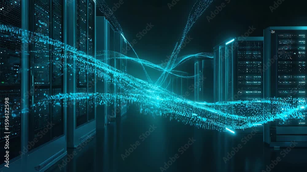 Poster digital data streams are flowing through server racks in a modern data center, visualizing the conce