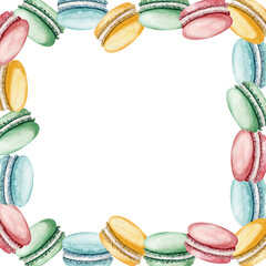 Frame of watercolor delicate pink,green. light blue and orange cream macaroons hand-drawn on a white background. National Dessert Day