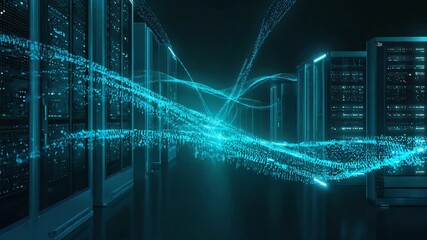 Digital data streams are flowing through server racks in a modern data center, visualizing the concept of information exchange and processing - Powered by Adobe