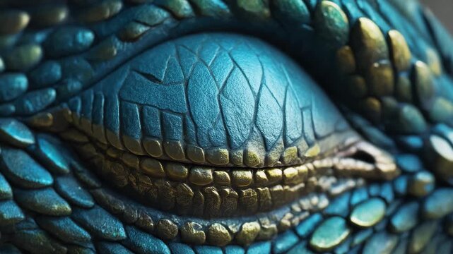 Close-up of a dragon's eye revealing vibrant scales and intricate reptilian features, showcasing a captivating and mythical aura with striking green and blue hues