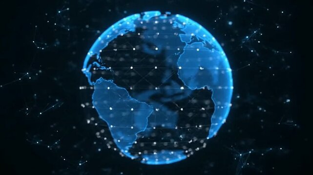 A blue globe with lit nodes connected by white lines against a black background